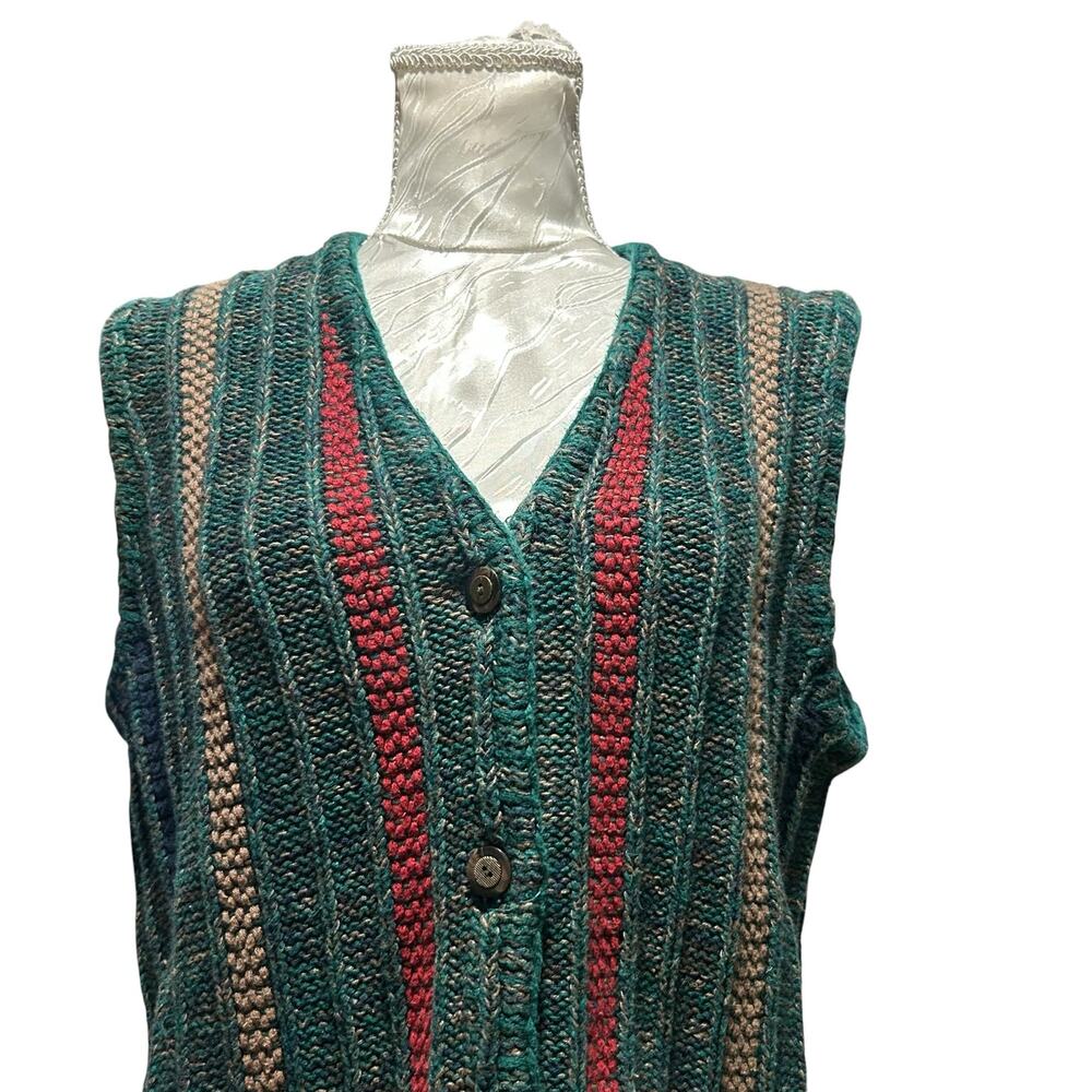 Vintage 90s Green Stripe Ramie Tassel Sweater Vest Cottagecore M Grandpacore - Picture 6 of 16
